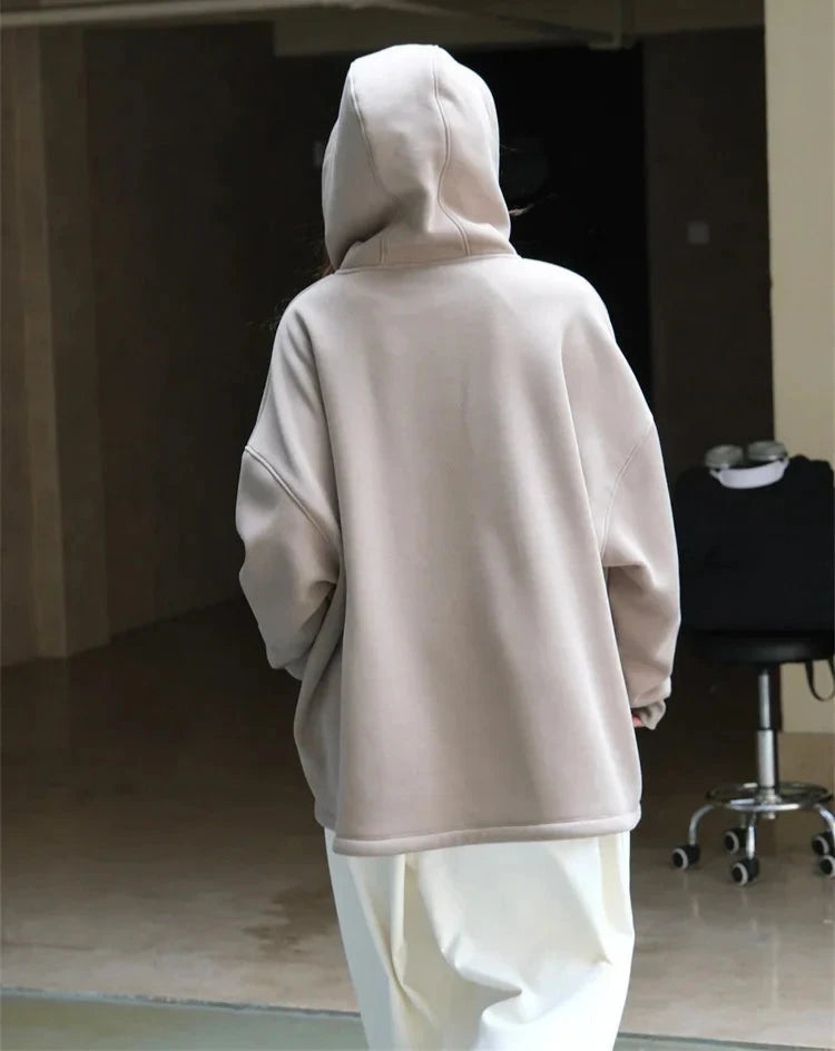 Sudadera con capucha de terciopelo con cremallera curva y capa de aire para mujer, abrigo grueso y cálido y holgado con capucha