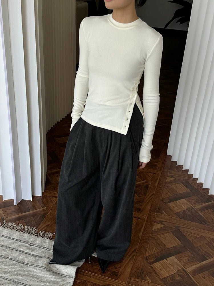 Button Design Split T-shirt For Women Round Neck Long Sleeve Slim Bottoming Top