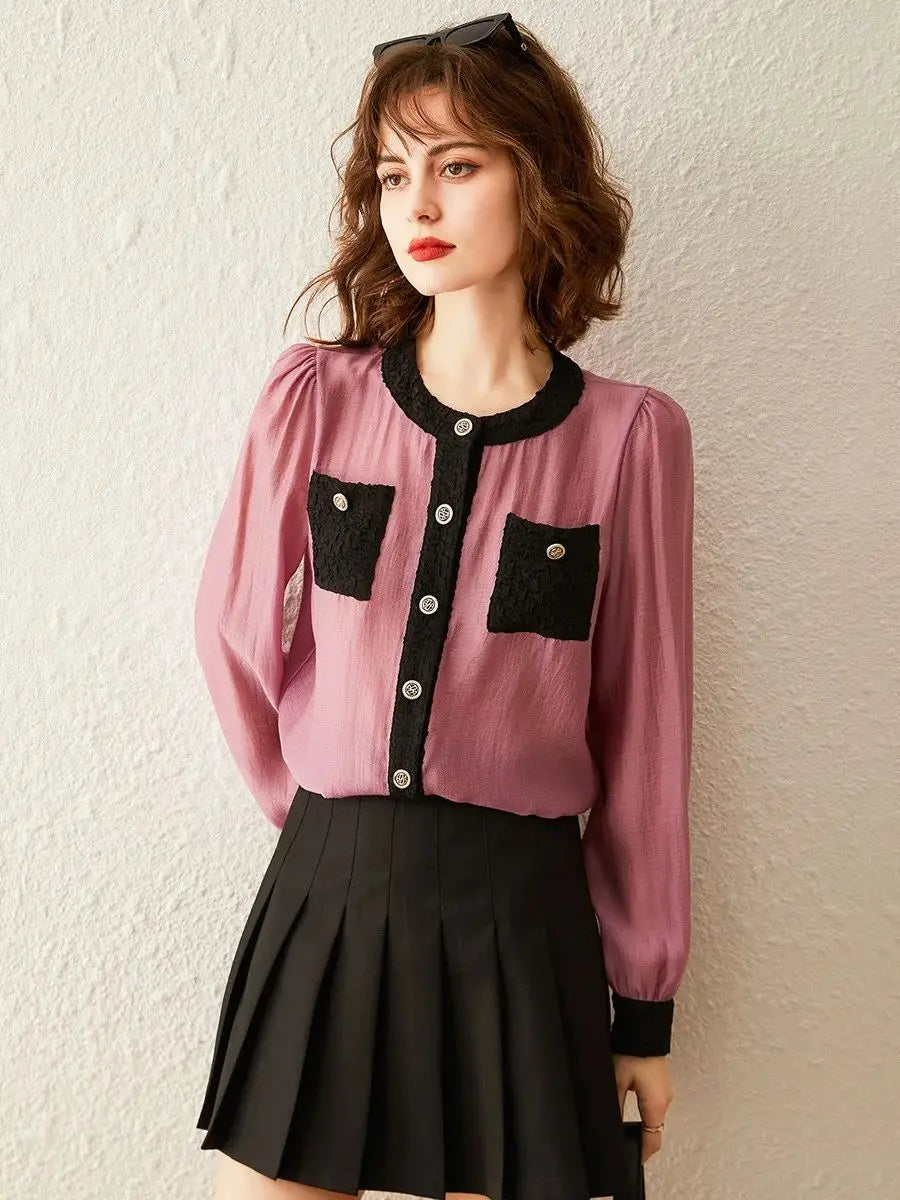 Women Shirt Round Neck Long Puff Sleeve Elegant Tencel Blend Blouse