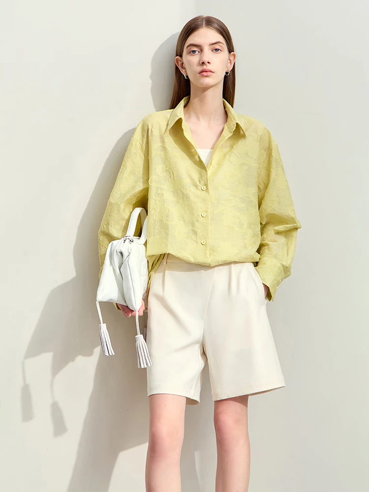 Minimalism Lapel Drop Sleeve Loose Cut Flower Women Shirts Oversize Silhouette Blouses