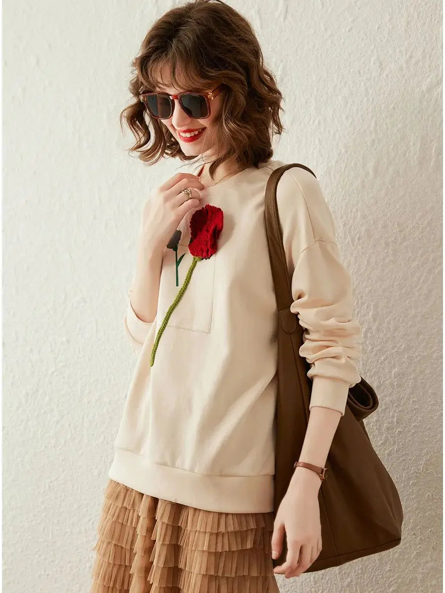 Women Hoodies, 3D Flower Round Neck Long Sleeve Drop Shoulder Sleeve Print Loose Pullover