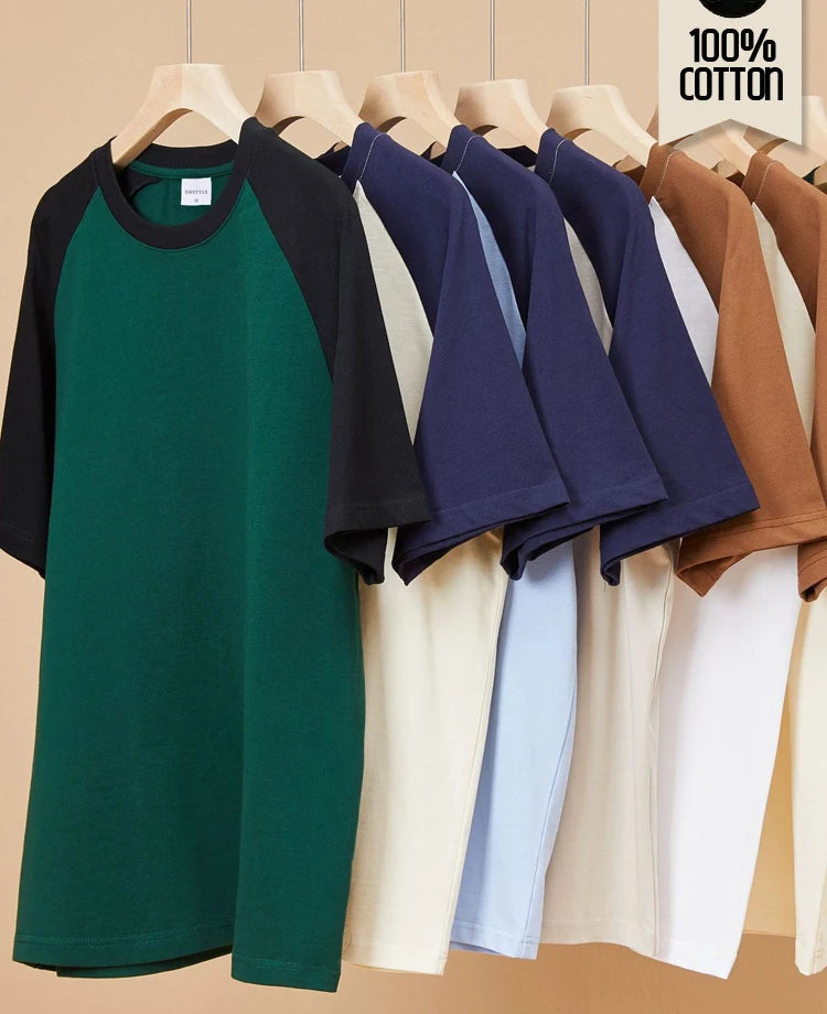 100% Cotton T Shirt woman Raglan Sleeves Retro Tee Tops, Casual Crew Neck T-shirts, Oversized Male