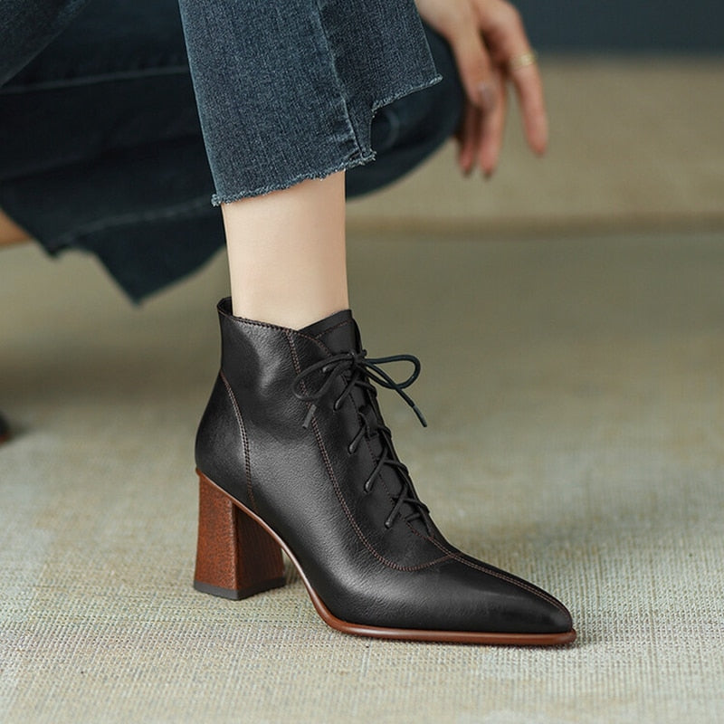 Leather Pointed Toe Chunky Heel Shoes Women Retro Split Modern Boots KilyClothing
