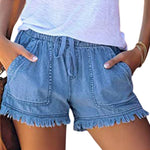 Washed Denim Shorts, Casual Drawstring Elastic Waist Frayed Hem Loose Short Jeans KilyClothing