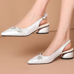 Genuine Leather Hollow Sandals Square High Heel Summer Women Shoes Back Strap Pointed Toe Female Pumps KilyClothing