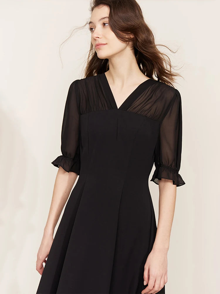 Vestido de mujer con cuello en V y mangas abullonadas, Vestido informal liso negro de gasa para primavera