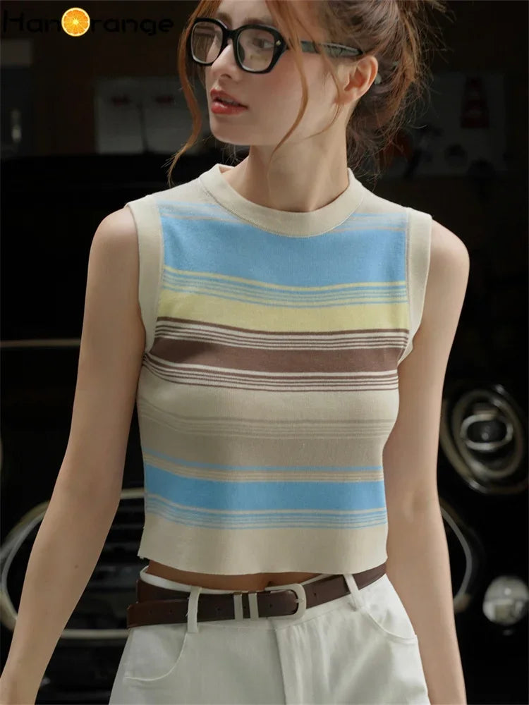 Spring Strecth Stripe Racerback Tank Women Slim Fit Comfortable Folding Short Top