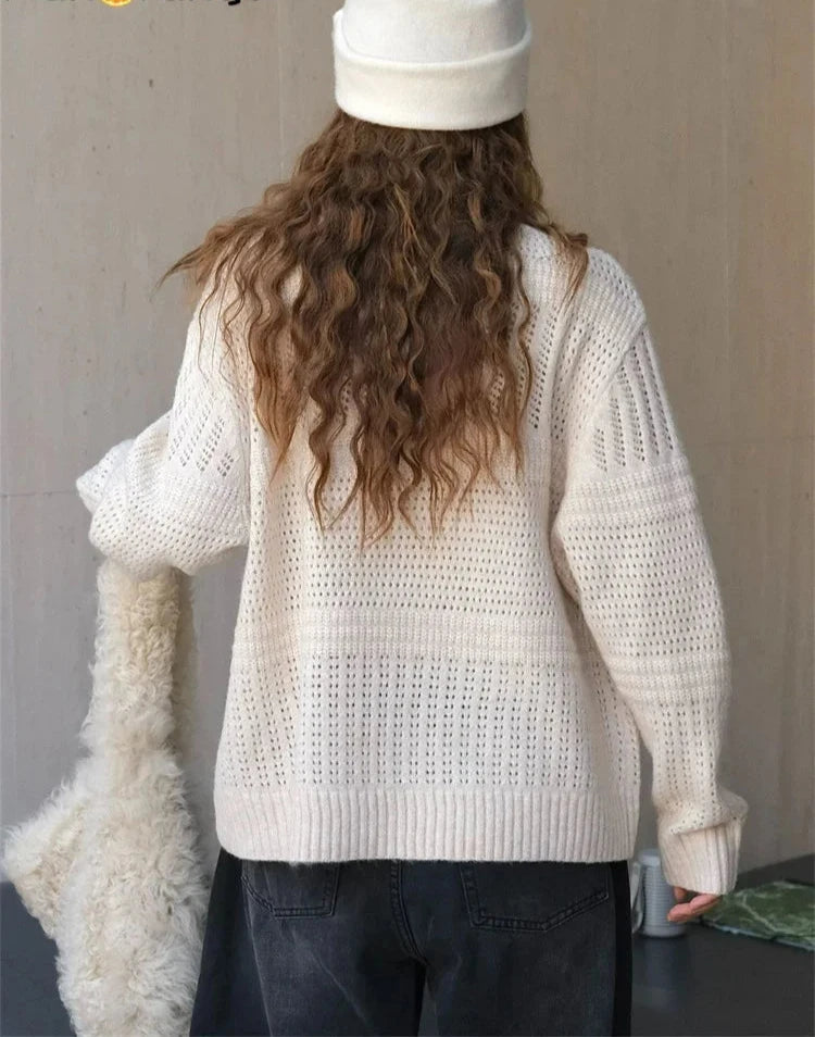 Suéter de punto de lana con huecos para mujer, suave y cómodo, para otoño e invierno