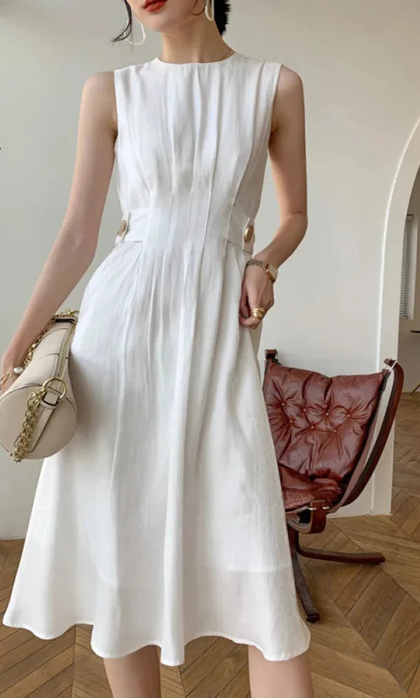 [LANMREM] High Waist Pleated Elegant Dresses Women's White O-neck Sleeveless Satin Female Dress 2023 Autumn New 26D1273 KilyClothing
