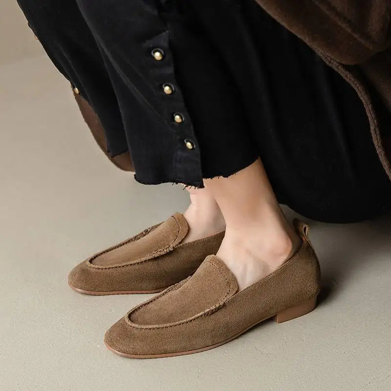 Cow Suede Round Toe Low Heels Spring Brand Shoes Basic Simple Style Mature Comfortable Slip on Western Flats