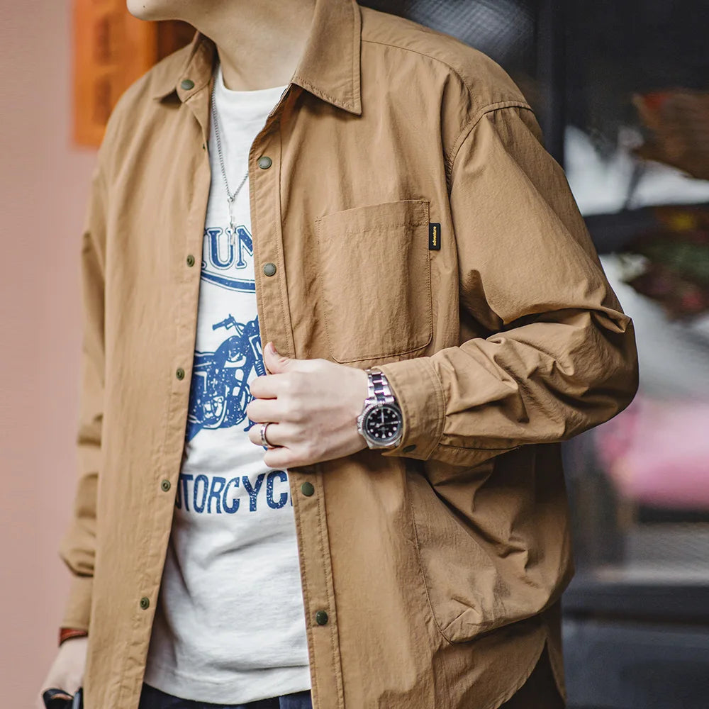 Men's Outdoor Waterproof Shirt Casual Loose Turn-down Collar Long Sleeved Shirts Multiple Pockets