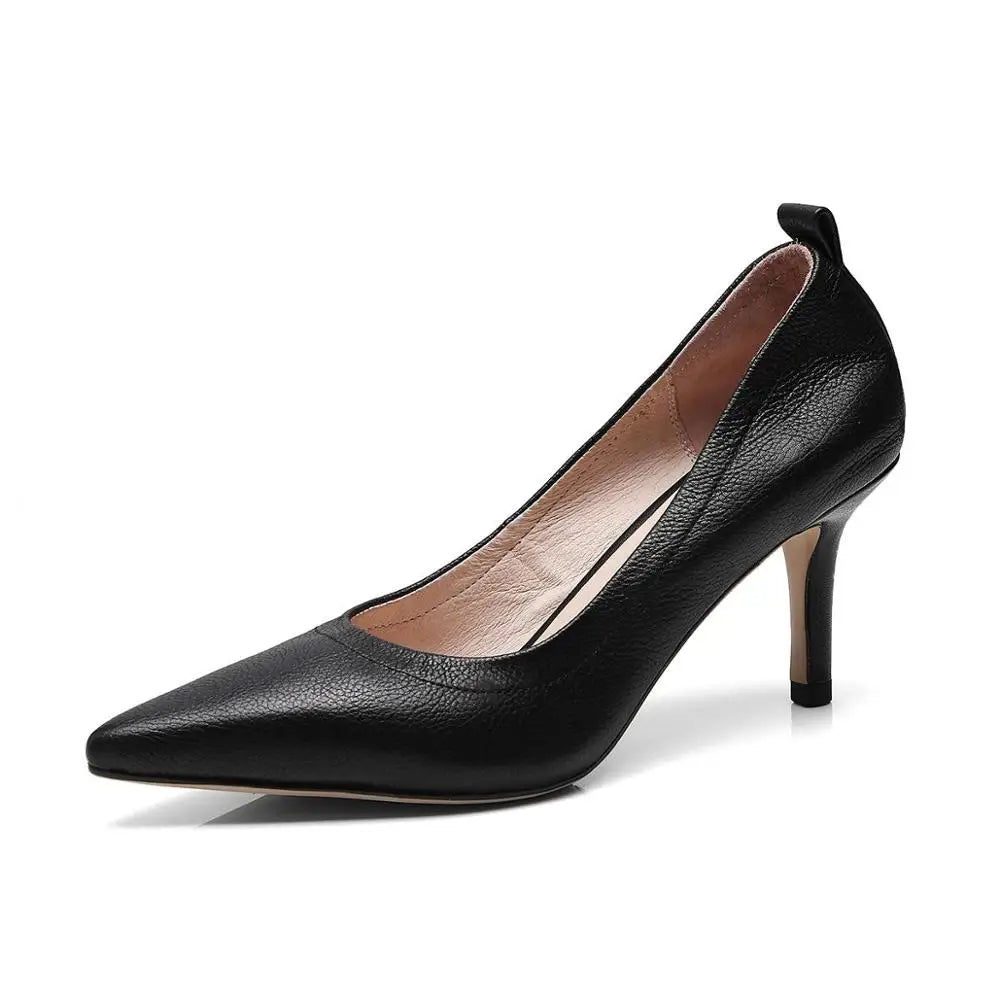 Cow leather high heels slip on shallow women pumps pointed toe brand office lady party solid wedding shoes