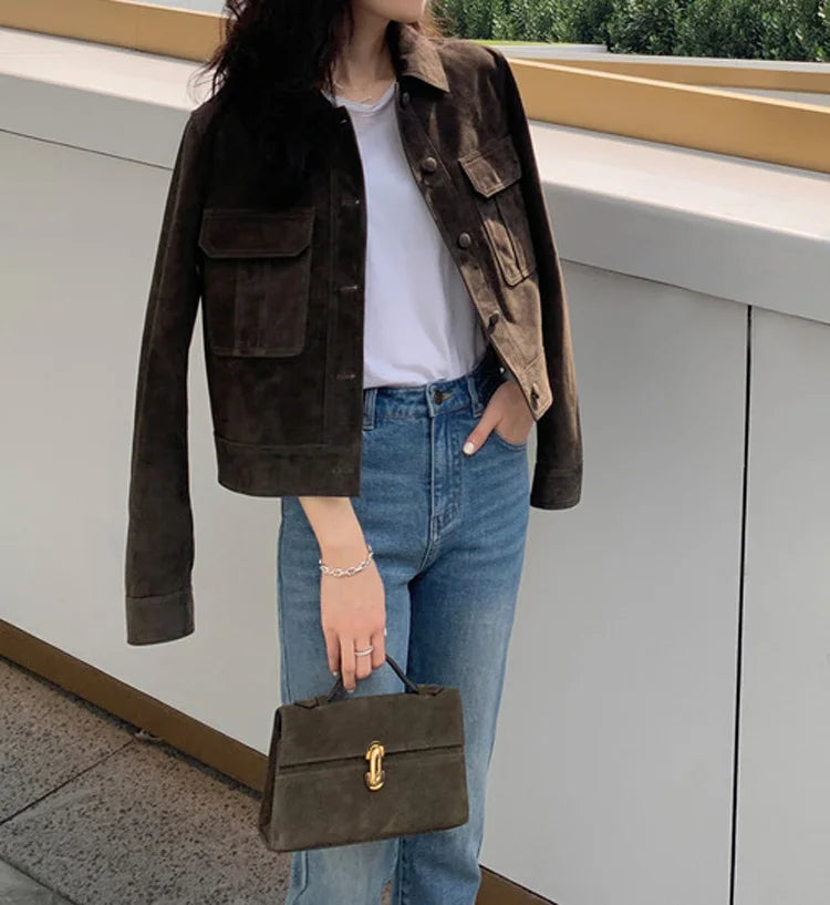 Chaqueta clásica de cuero para mujer, abrigo de piel de ante de cachemira para mujer, chaqueta versátil adelgazante para mujer