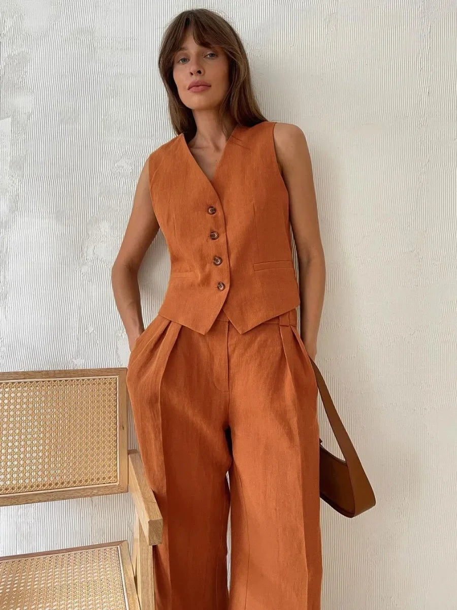 Linen Cotton Chic Vest ＆ Pants Suit Two-Piece Set for Ladies, Summer Chic 2 Piece Sets