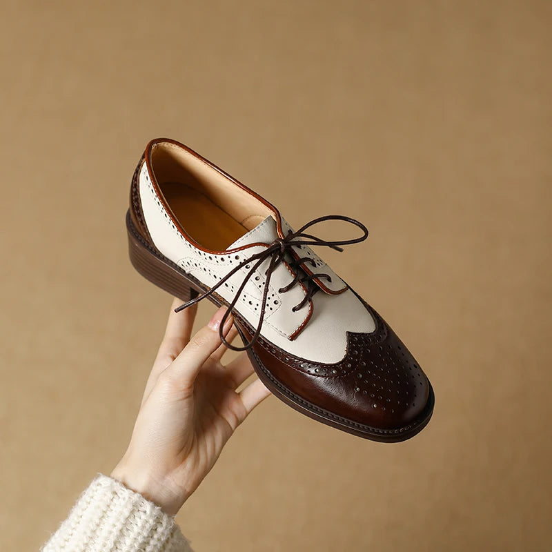 Genuine Leather Oxford Shoes Round Toe Black White Lady Lace Up Brogues Loafers Casual Shoes for Women Leather Shoes