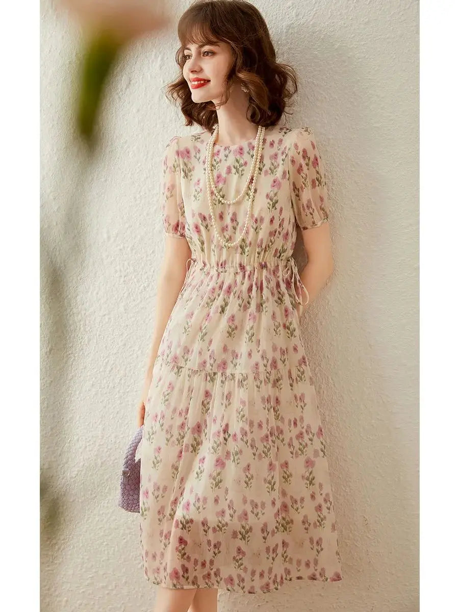 Women Dress Print Floral Round Neck Short Sleeve High Waist A-line Elegant