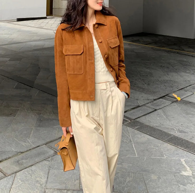 Chaqueta clásica de cuero para mujer, abrigo de piel de ante de cachemira para mujer, chaqueta versátil adelgazante para mujer
