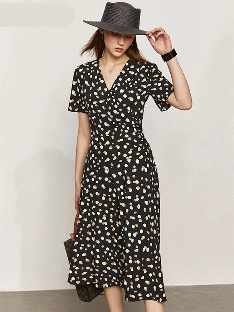 Dress For Women Fashion Dot Printed V-neck Slim Fit Midi Aline Women's Chiffon Dress