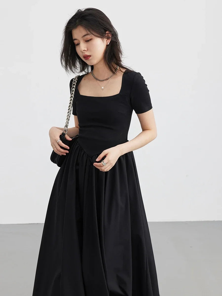 Korean Women's Dresses Short Sleeve Pullover Black Long Beach Dress for Girl Summer