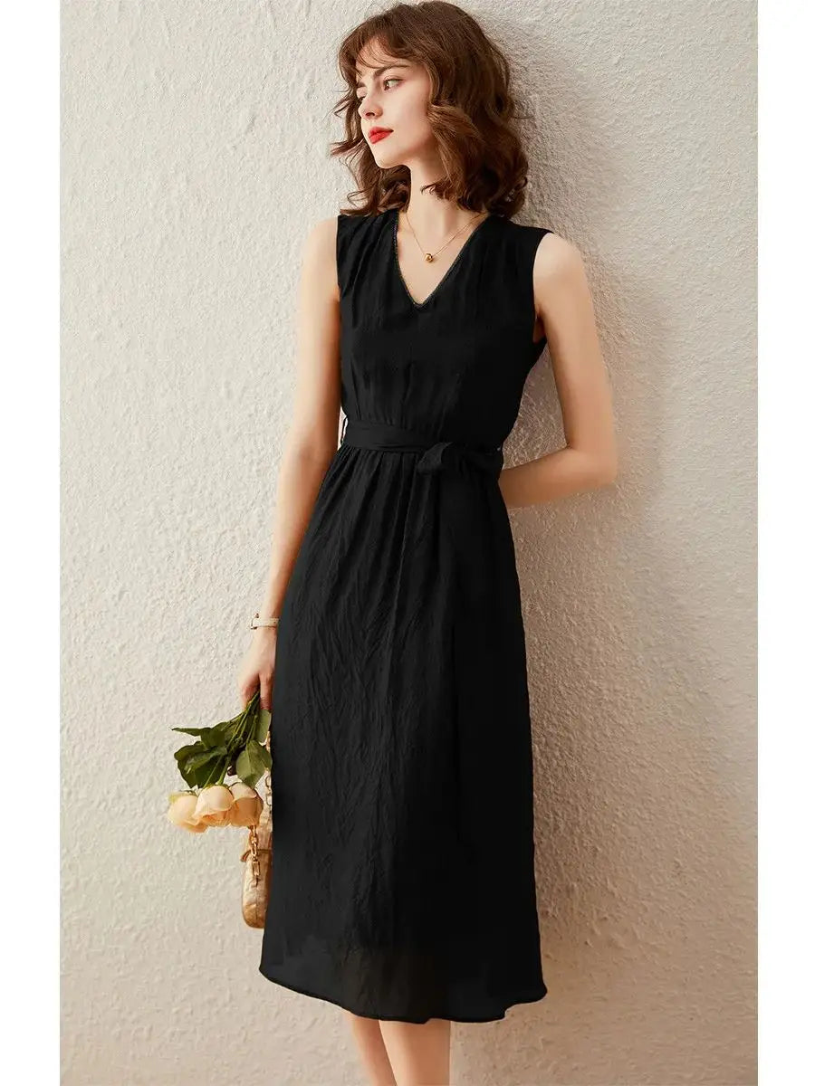 Vestido de mujer con escote en V, sin mangas, color sólido, básico, elegante, de moda, ajustado, marrón y negro, vestido largo