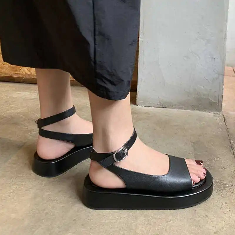 Cow Leather Peep Toe Thick Bottom Solid Summer Shoes Leisure Fashion Comfortable Buckle Strap Women Sandals KilyClothing
