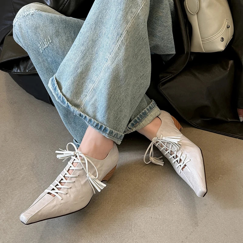 Genuine Leather Lace Up Pumps Retro Women Square Toe High Heel Casual Pumps