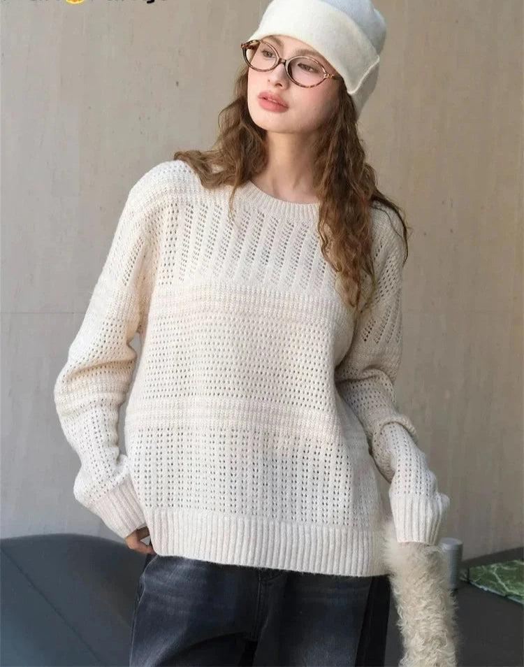 Suéter de punto de lana con huecos para mujer, suave y cómodo, para otoño e invierno