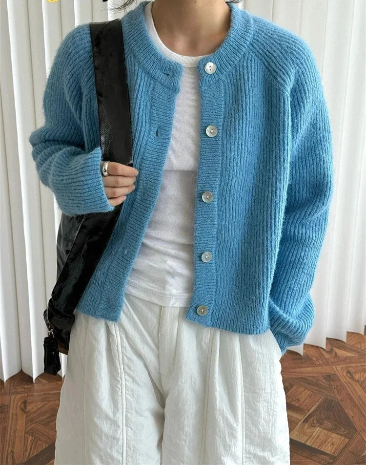 Cárdigan de punto de lana con cuello redondo para mujer, suave, cálido y cómodo, color azul y café