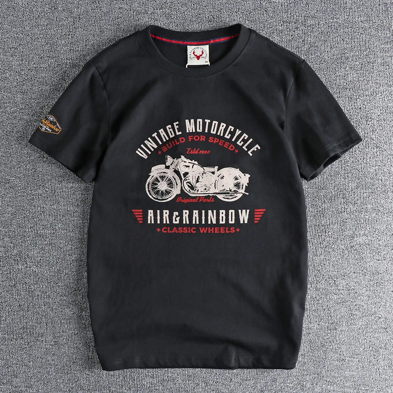 Retro Short-sleeved O-neck Motorcycle Printed T-shirt Men's Fashion Simple 100% Cotton Washed Casual Sport Tops