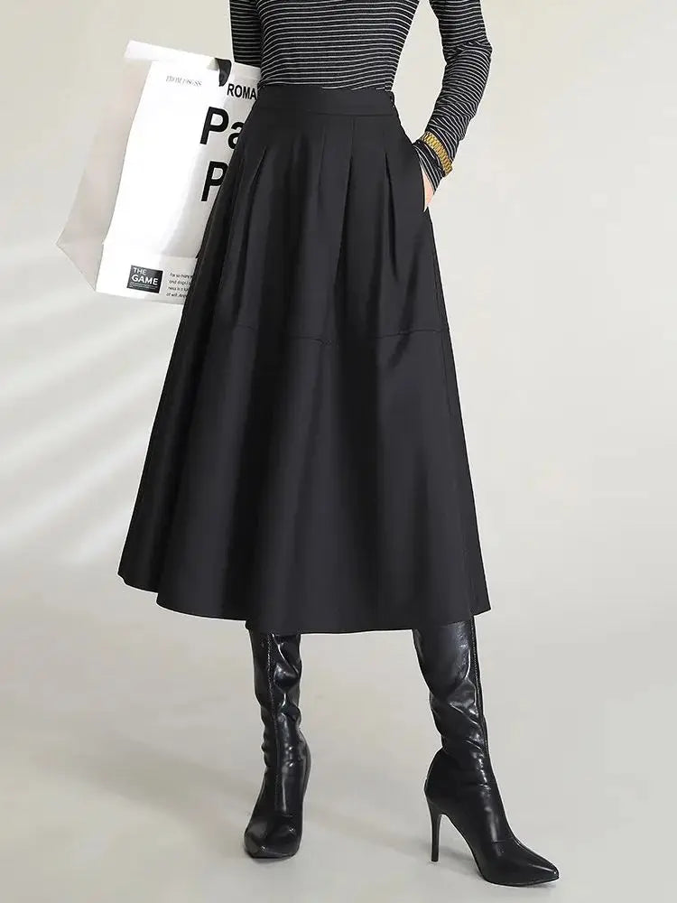Women Elegant Black Midi Skirts, High Waist Commuting Casual A Line Umbrella Long Skirt with Slit and Pockets