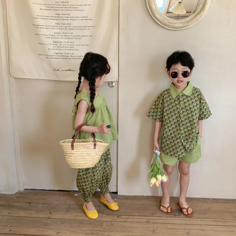 Kids Set Floral Sleeve Shorts Two Piece Suit Girls Tops Boys Clothes