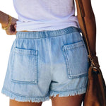 Washed Denim Shorts, Casual Drawstring Elastic Waist Frayed Hem Loose Short Jeans KilyClothing