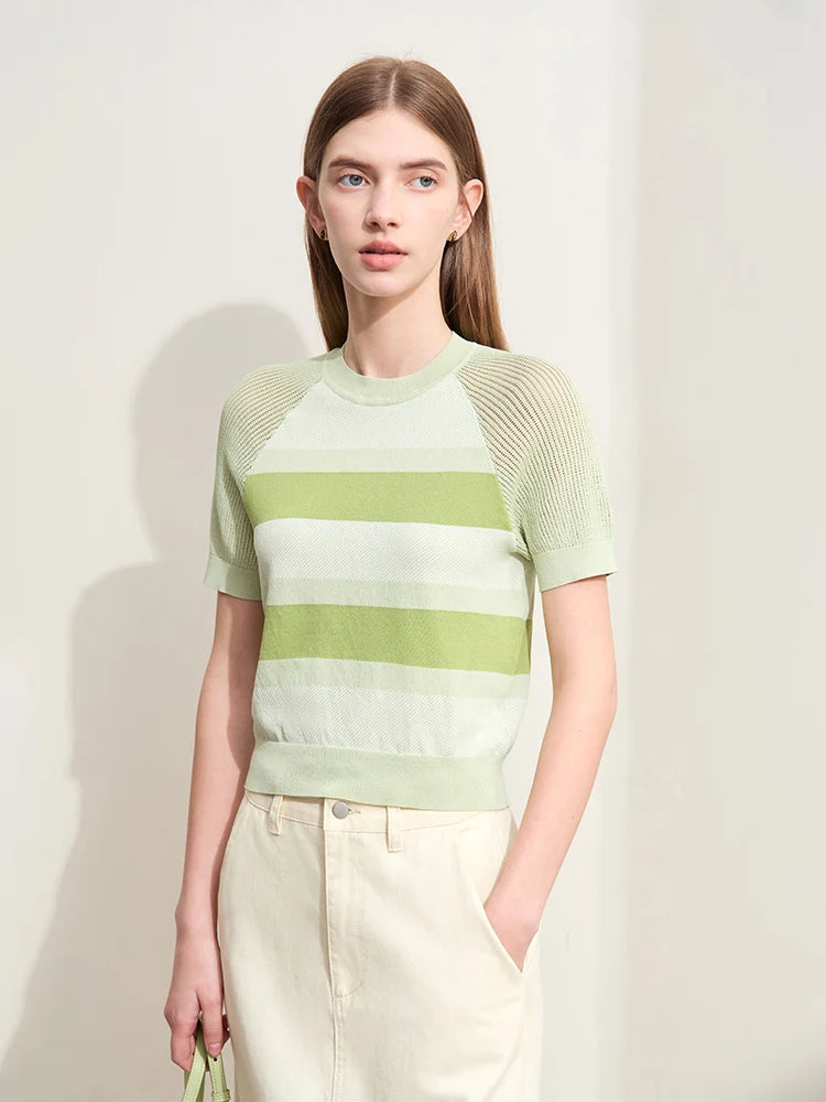 Ropa de mujer novedad de verano suéter de punto corto recto elástico alto de manga corta a rayas
