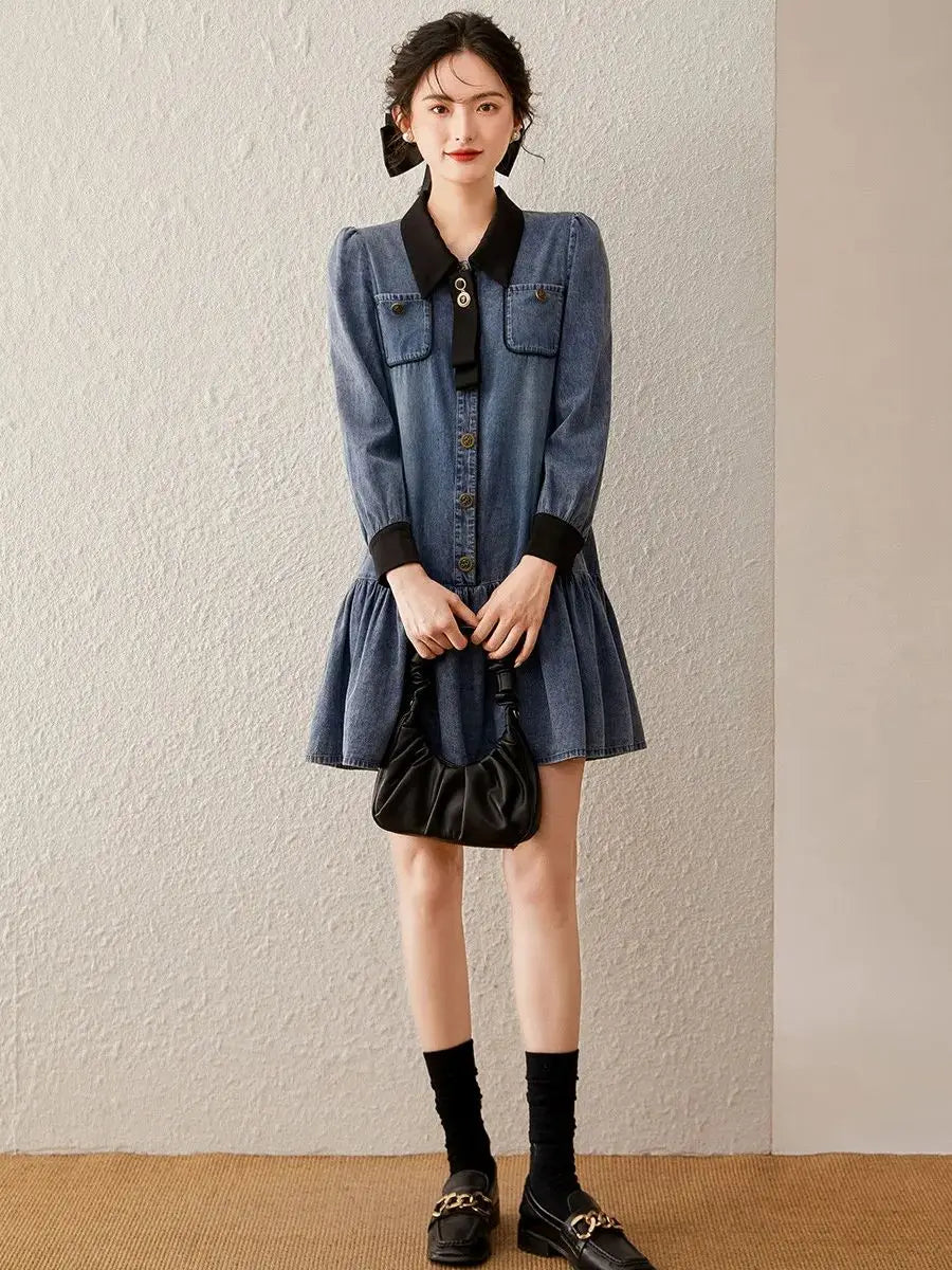 Women Dress Summer Washed Denim Dress Detachable Bow Tie Long Sleeve Polo Neck