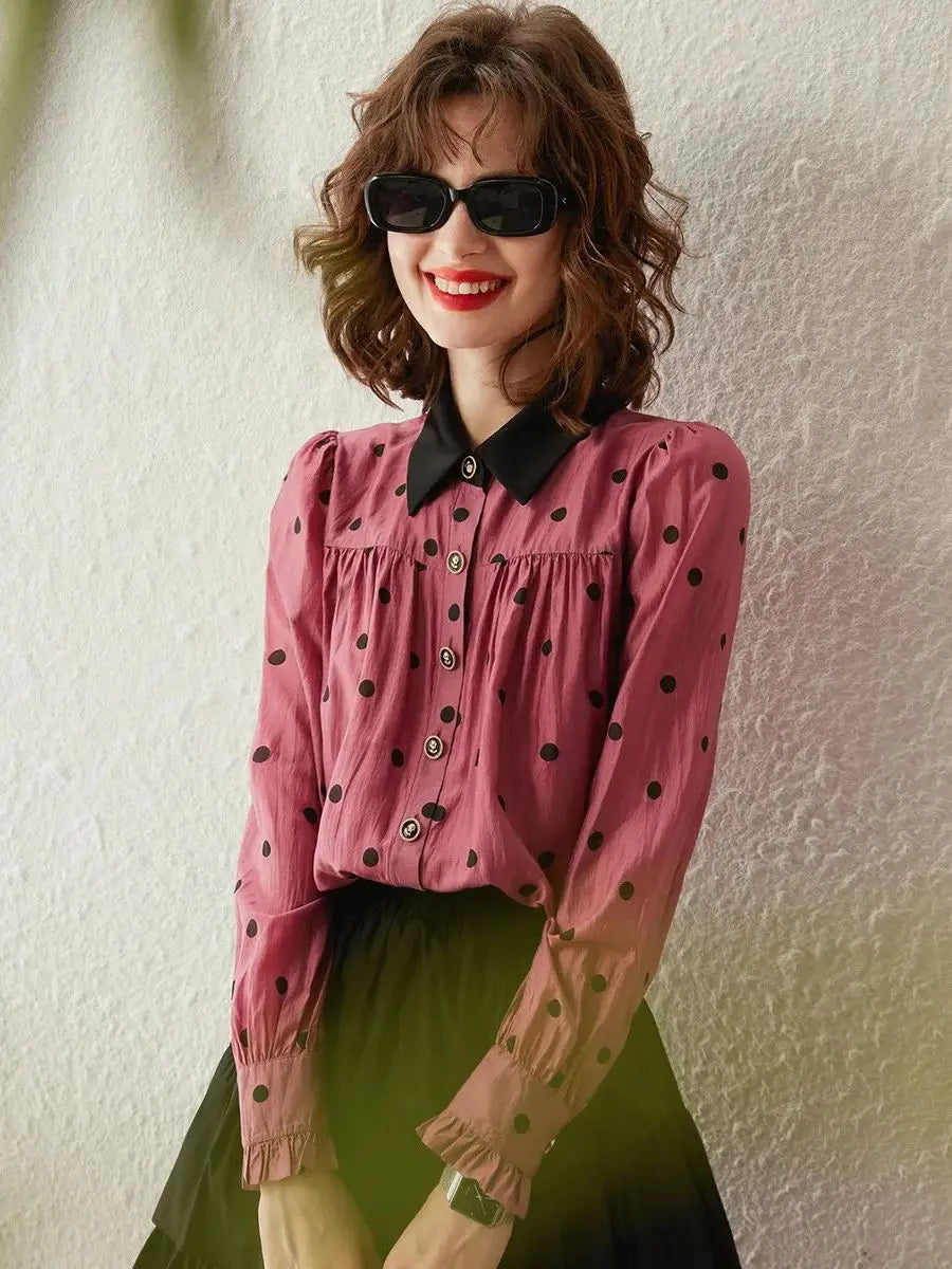 Camisa de mujer, color en contraste, blusas con punta ondulada, cuello polo y manga larga