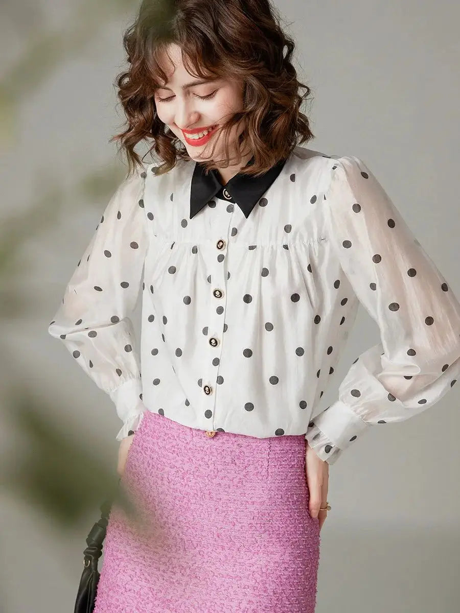 Camisa de mujer, color en contraste, blusas con punta ondulada, cuello polo y manga larga