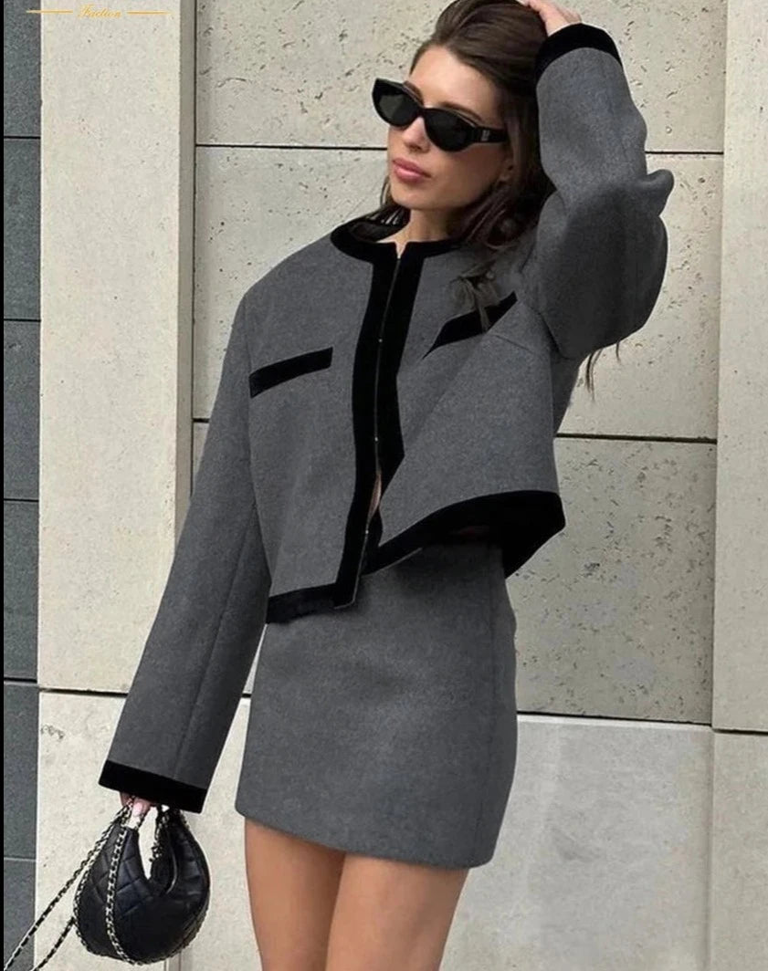 Loose Gray Office 2 Piece Set Women Elegant Long Sleeve Shirt with High Waist Mini Skirts Set