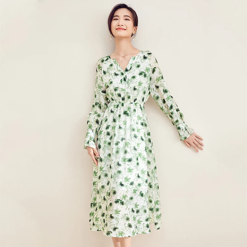 Vestido midi floral para mujer, escote en V, manga larga, romántico, de lyocell sedoso