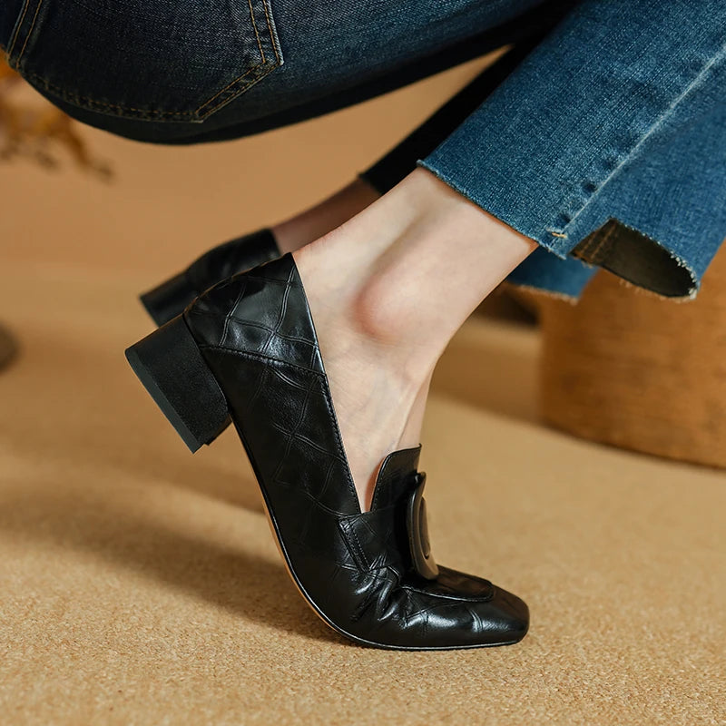 Casual Loafers Real Leather Soft Square Toe High Heels Shoes Spring Office Lady Daily Pumps Shoes