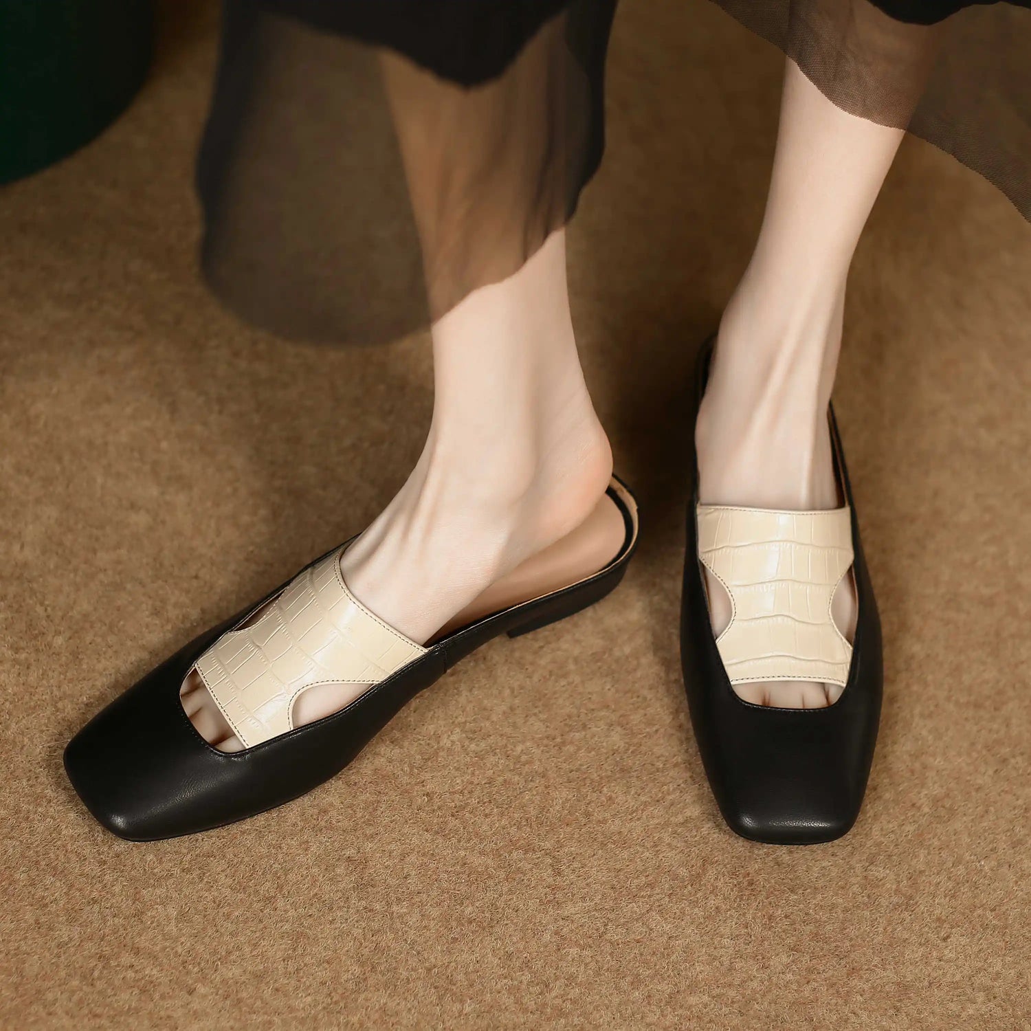 Big Size Sheep Leather Square Toe Mules Mixed Color High Street Fashion Slingback Outside Slippers