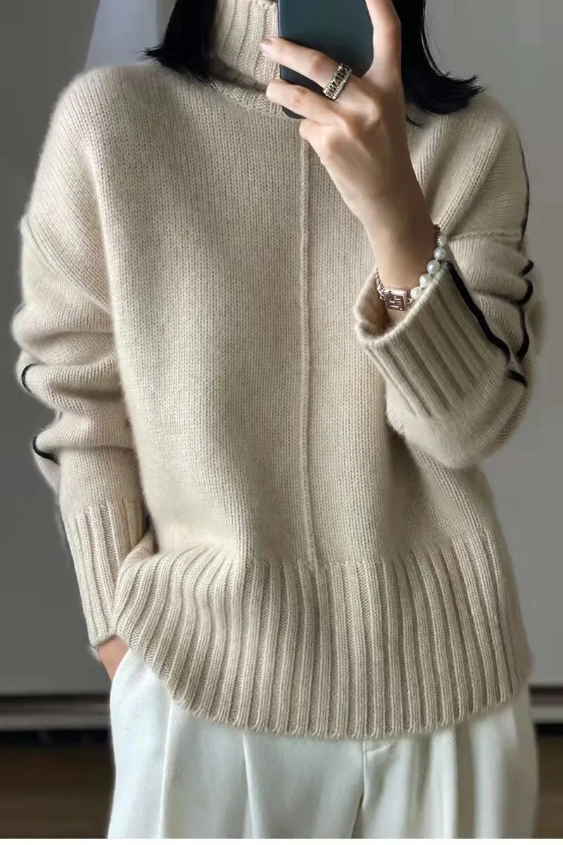 Suéter de cuello alto de cachemira pura para mujer, jersey holgado, parte inferior gruesa, combinación de colores, otoño e invierno