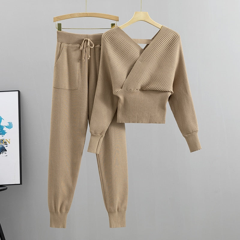 Elegant Tracksuit Sexy Two Piece Set Women Korean Style Ribbed Knitted Backless Top And Long Harem Pant KilyClothing