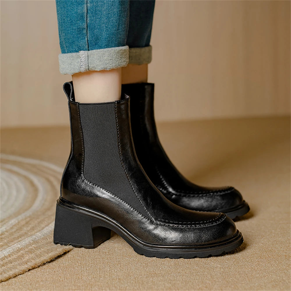 Chelsea Cow Leather Ankle Women Boots High Heels Fashion Slip On Thick Sole Block Hee