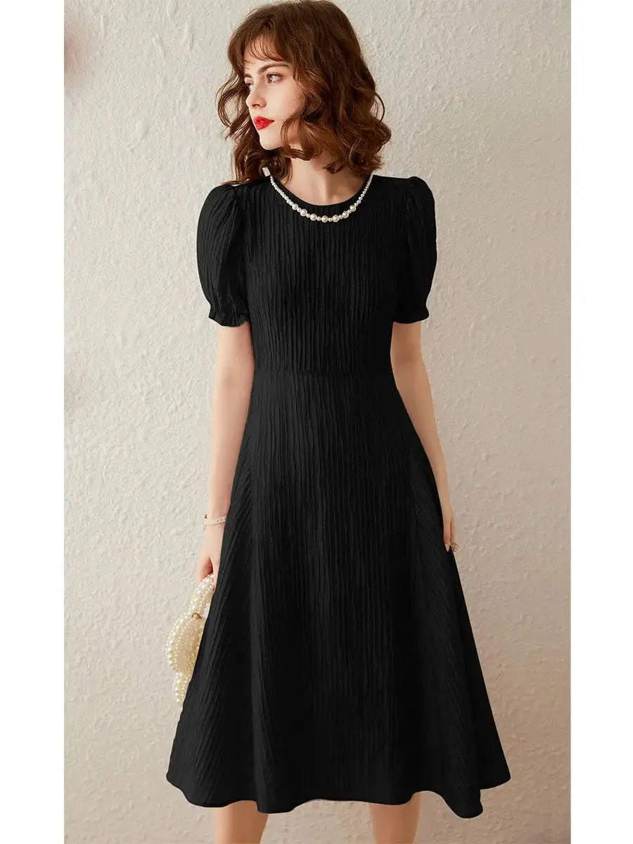 Women Dress Round Neck Short Puff Sleeve Sweat Imitation Pearl Chain Knee-length Long