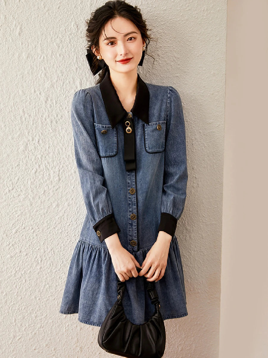 Women Dress Summer Washed Denim Dress Detachable Bow Tie Long Sleeve Polo Neck