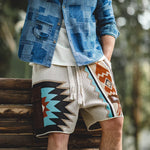 Vintage Navajo Totem Knitted Shorts Men's Casual Embroidery Geometric Beach Short Pants Drawstring Elastic Waist Shorts KilyClothing