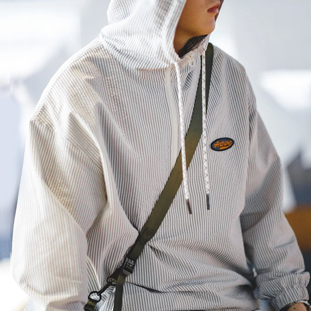 Men Hooded Sweatshirt, Gray and White Striped, Seersucker Pullover Top Spring and Summer Breathable Men's Clothes Hoodies