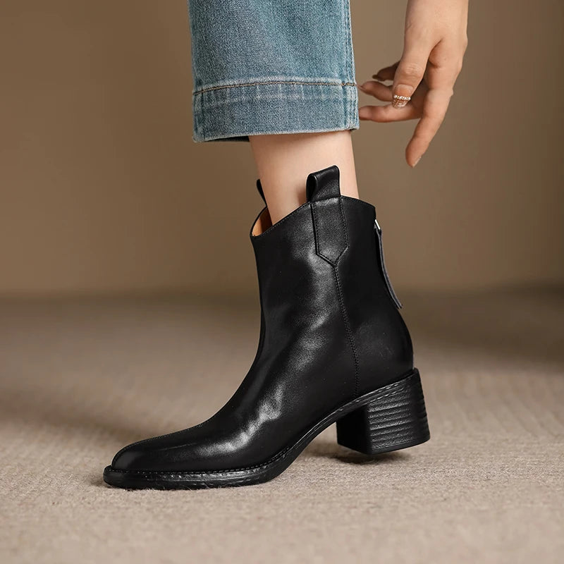 Zapatos de mujer de piel auténtica con cremallera trasera, botas Chelsea de otoño, tacón alto de 5 cm de grosor, punta estrecha, botas cortas informales, zapatos retro