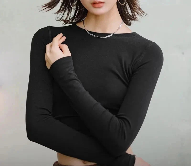 Women Long Sleeve Knitted Tops Solid Color Round Neck Bottoming Shirt Slim Fit Warm Inner Top T-shirt for Autumn Winter