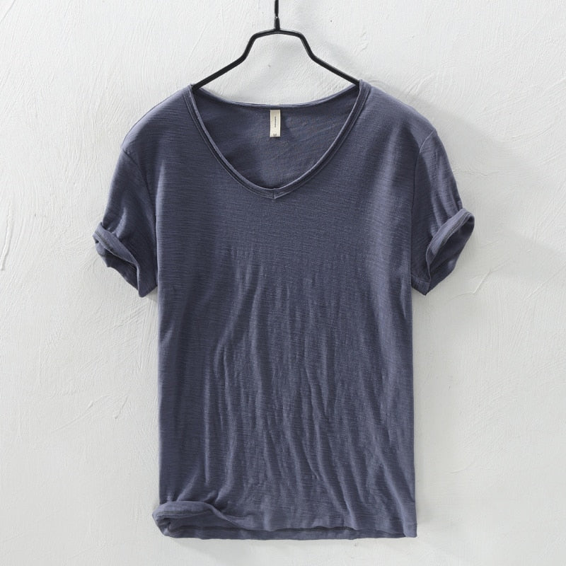 100% Cotton T-shirt Men V-neck Solid Color Casual KilyClothing